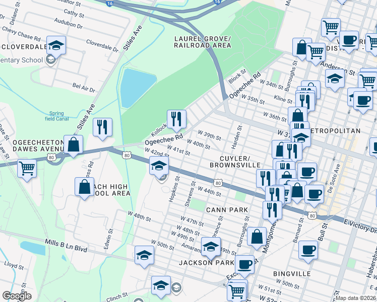 map of restaurants, bars, coffee shops, grocery stores, and more near 1025 West 40th Street in Savannah