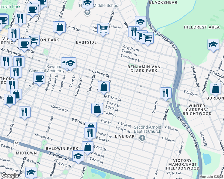 map of restaurants, bars, coffee shops, grocery stores, and more near 1108 East Anderson Street in Savannah