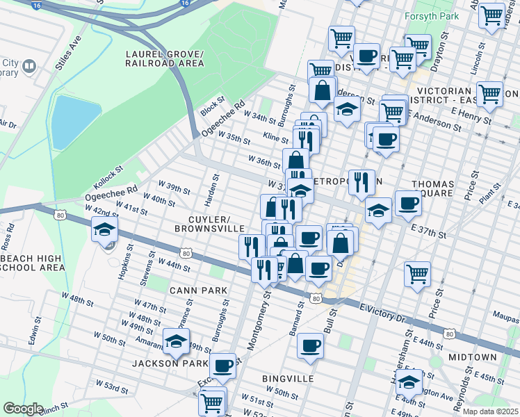 map of restaurants, bars, coffee shops, grocery stores, and more near 516 West 38th Street in Savannah