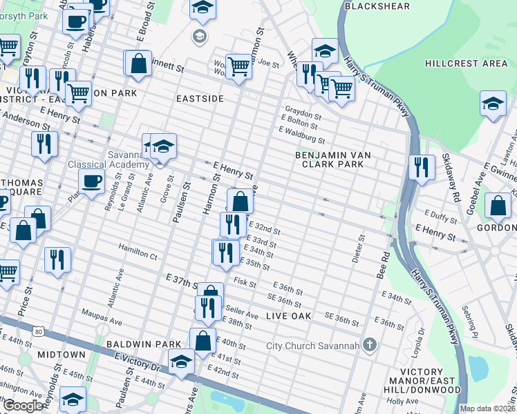 map of restaurants, bars, coffee shops, grocery stores, and more near 1108 East Anderson Street in Savannah