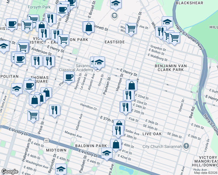 map of restaurants, bars, coffee shops, grocery stores, and more near 807 East 31st Street in Savannah