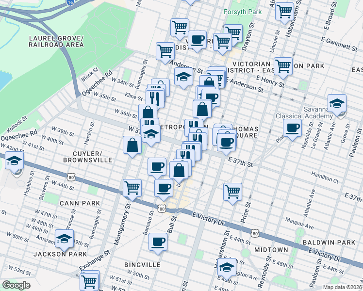 map of restaurants, bars, coffee shops, grocery stores, and more near 2012 Barnard Street in Savannah
