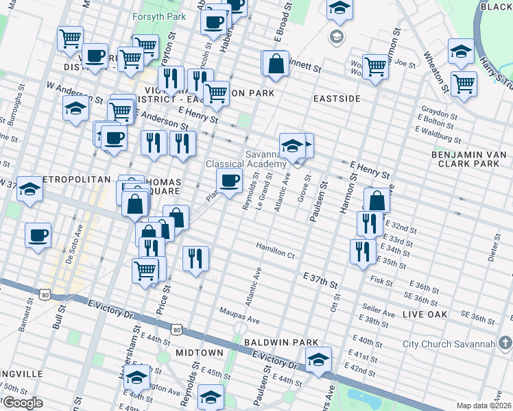 map of restaurants, bars, coffee shops, grocery stores, and more near 1619 Le Grand Street in Savannah