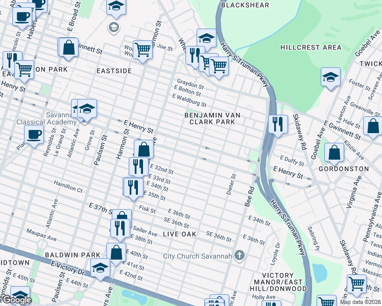 map of restaurants, bars, coffee shops, grocery stores, and more near 1235 East Henry Street in Savannah