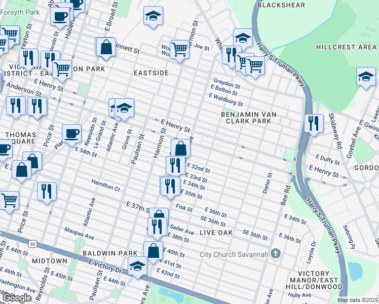 map of restaurants, bars, coffee shops, grocery stores, and more near 1011 East Anderson Street in Savannah