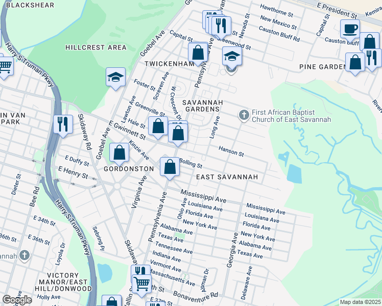 map of restaurants, bars, coffee shops, grocery stores, and more near 2525 East Gwinnett Street in Savannah