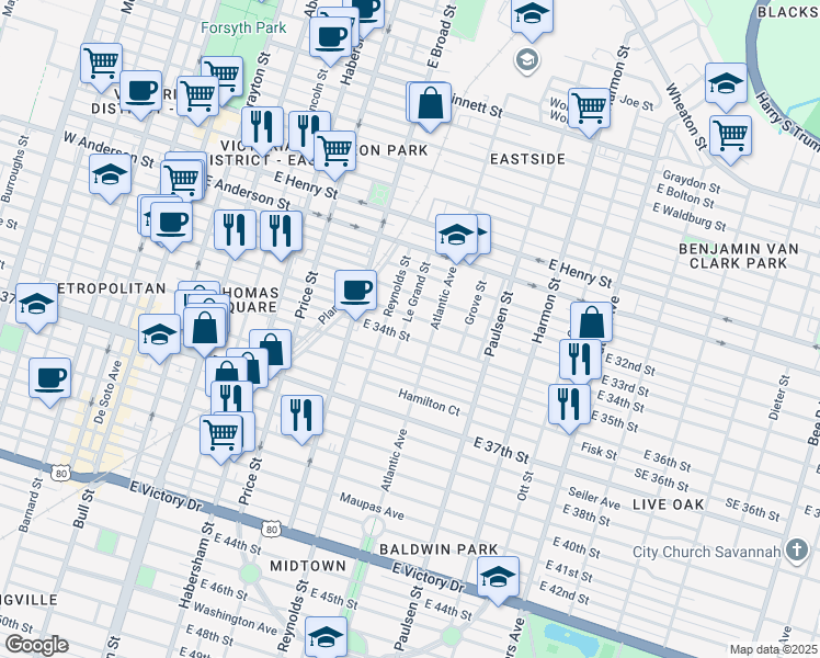 map of restaurants, bars, coffee shops, grocery stores, and more near 1619 Le Grand Street in Savannah