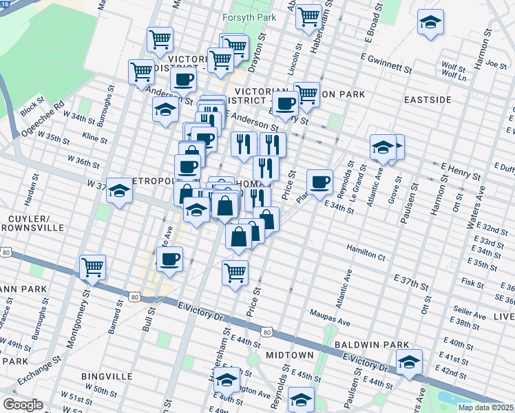 map of restaurants, bars, coffee shops, grocery stores, and more near in Savannah