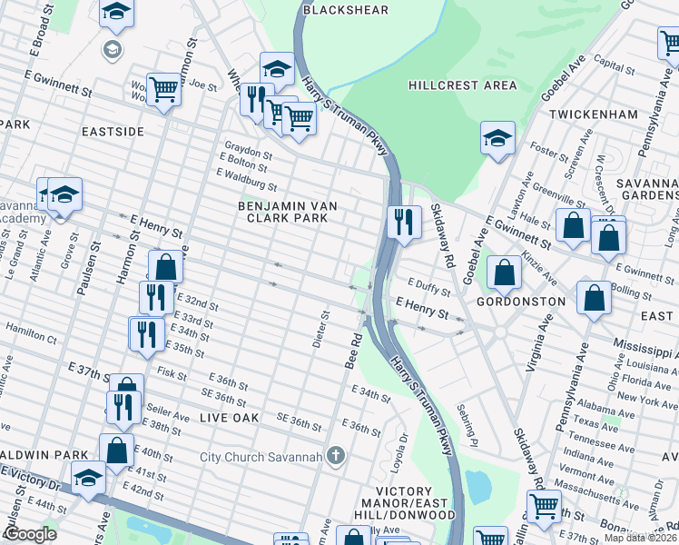 map of restaurants, bars, coffee shops, grocery stores, and more near 1407 East Duffy Street in Savannah