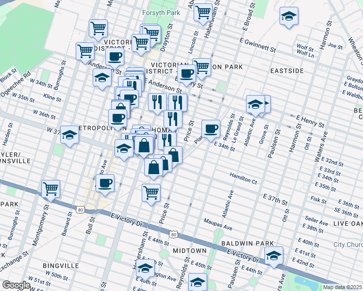 map of restaurants, bars, coffee shops, grocery stores, and more near 410 East 35th Street in Savannah