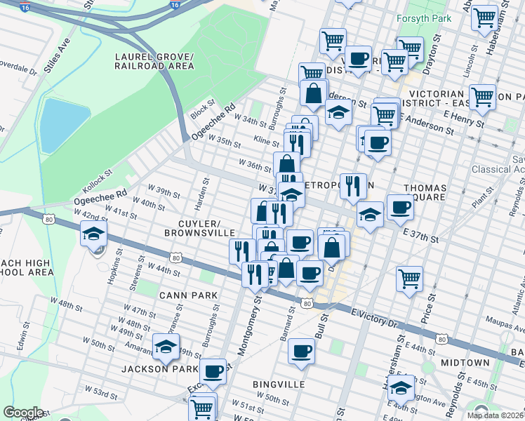 map of restaurants, bars, coffee shops, grocery stores, and more near 516 West 38th Street in Savannah