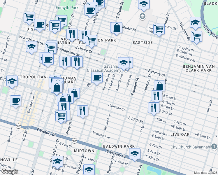 map of restaurants, bars, coffee shops, grocery stores, and more near 1619 Le Grand Street in Savannah