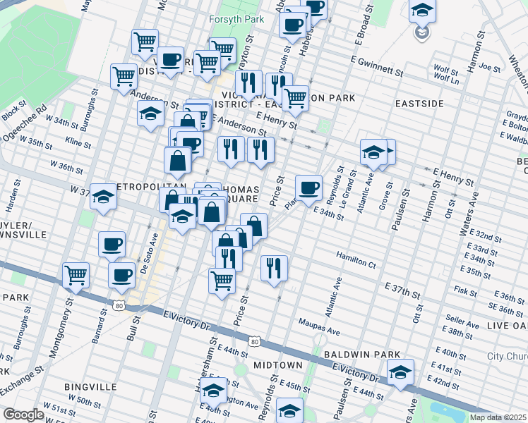 map of restaurants, bars, coffee shops, grocery stores, and more near 415 East 35th Street in Savannah