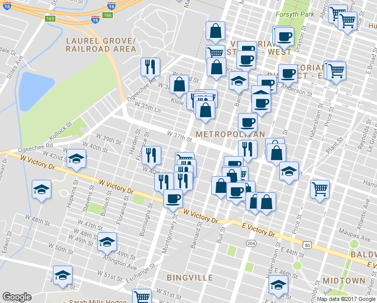 map of restaurants, bars, coffee shops, grocery stores, and more near 455 W 38th St in Savannah