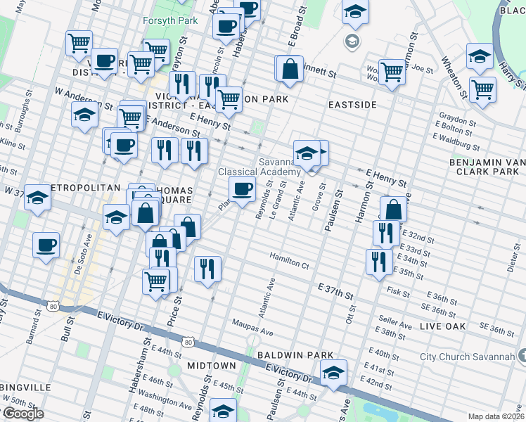 map of restaurants, bars, coffee shops, grocery stores, and more near 1619 Le Grand Street in Savannah