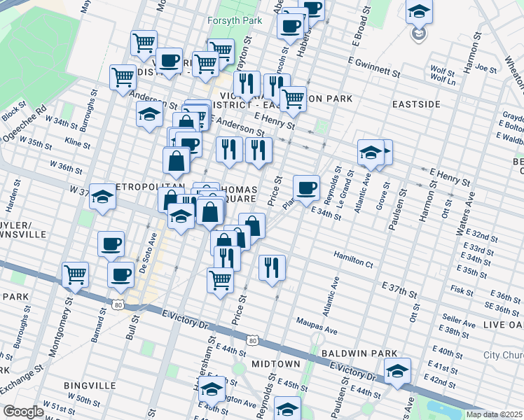 map of restaurants, bars, coffee shops, grocery stores, and more near 415 East 35th Street in Savannah