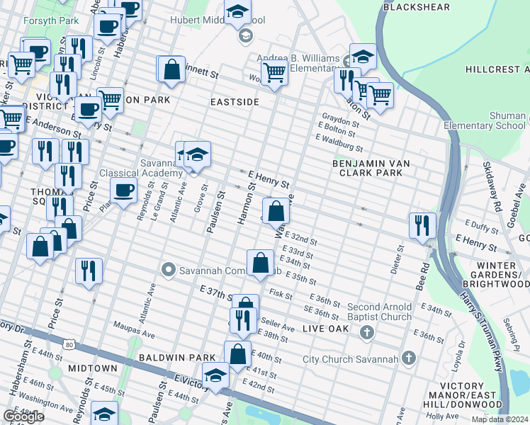 map of restaurants, bars, coffee shops, grocery stores, and more near East 31st Street in Savannah