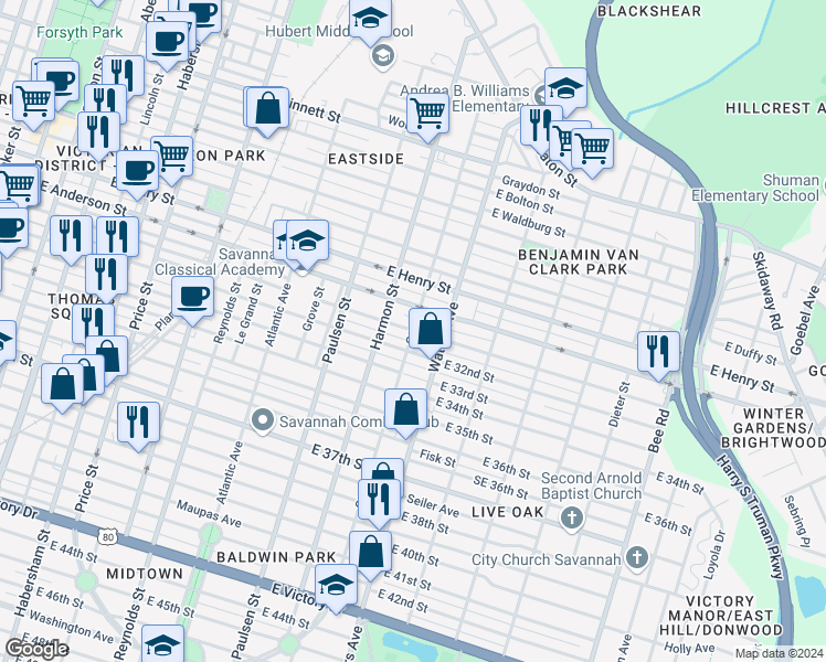 map of restaurants, bars, coffee shops, grocery stores, and more near 1499 Ott Street in Savannah