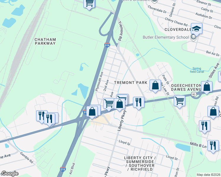 map of restaurants, bars, coffee shops, grocery stores, and more near 3030 2nd Avenue in Savannah