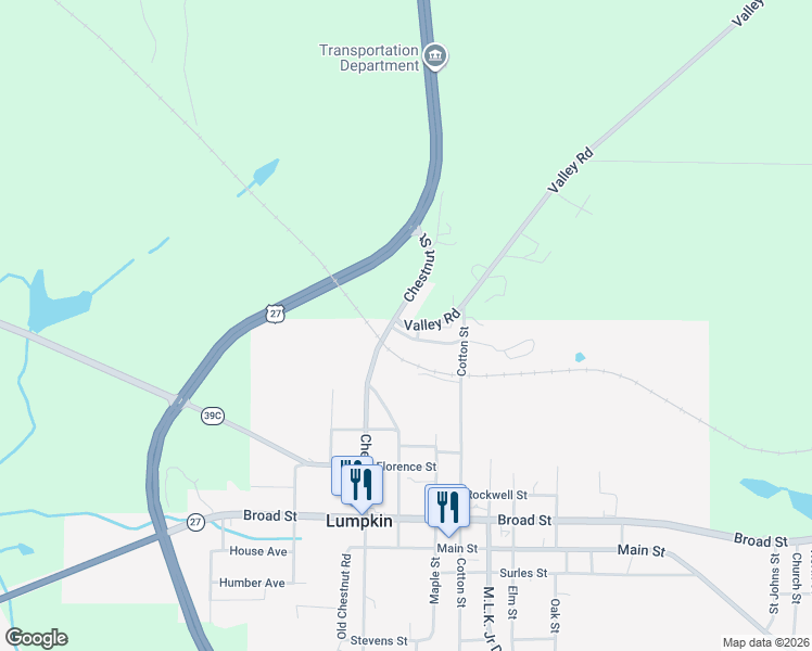 map of restaurants, bars, coffee shops, grocery stores, and more near Chestnut Street in Lumpkin