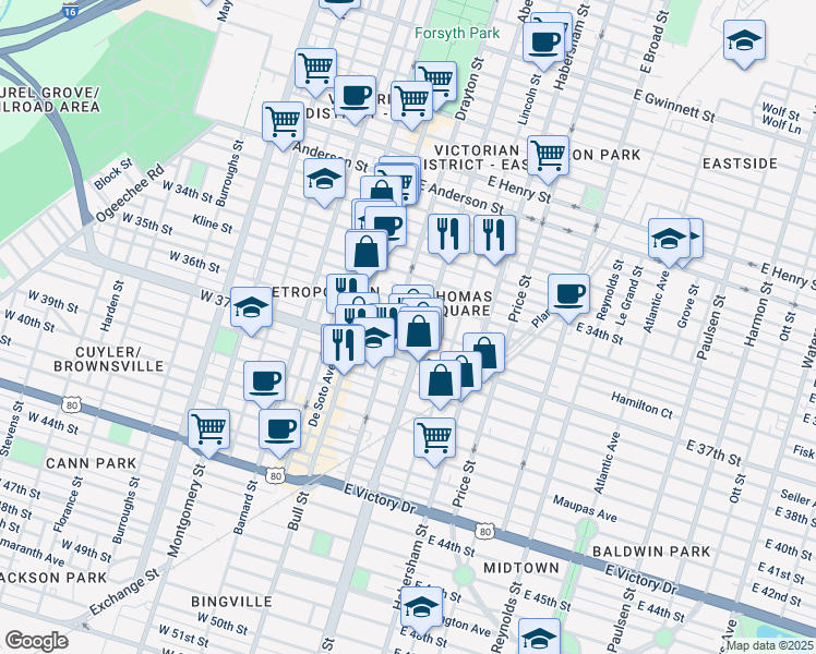 map of restaurants, bars, coffee shops, grocery stores, and more near 518 East 36th Street in Savannah