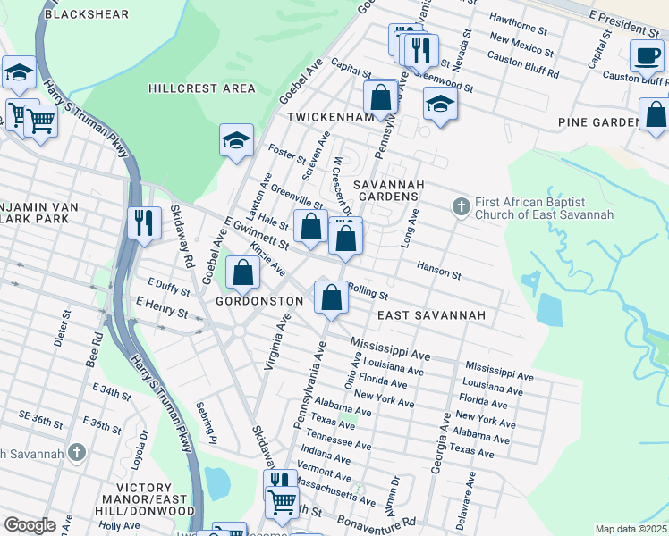 map of restaurants, bars, coffee shops, grocery stores, and more near 634 Pennsylvania Avenue in Savannah
