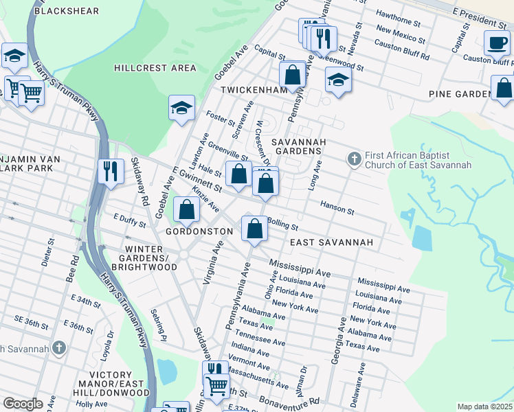 map of restaurants, bars, coffee shops, grocery stores, and more near 634 Pennsylvania Avenue in Savannah