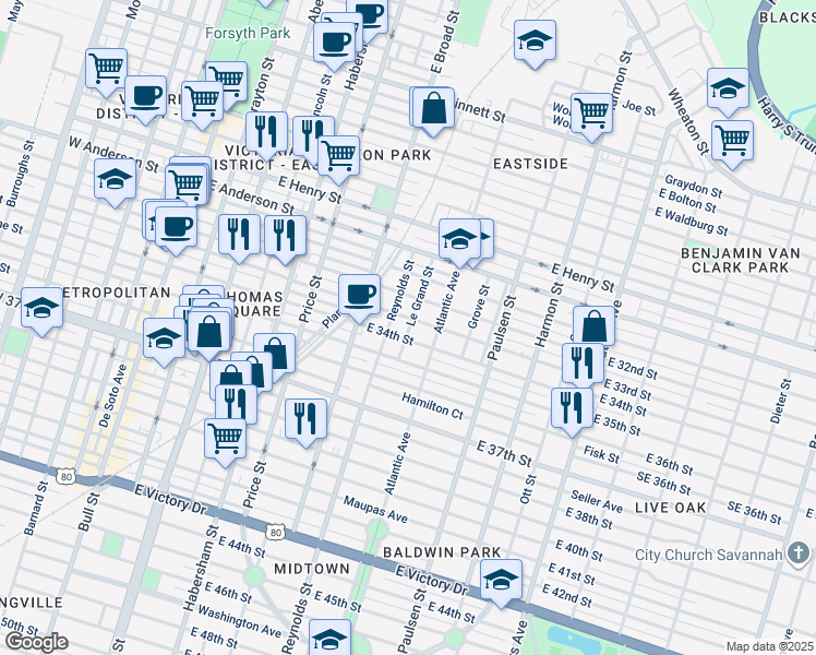 map of restaurants, bars, coffee shops, grocery stores, and more near 1619 Le Grand Street in Savannah
