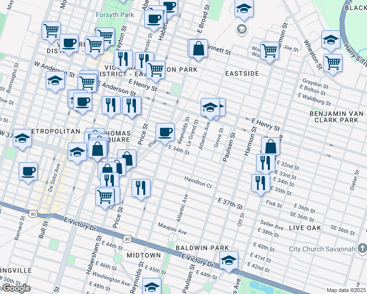 map of restaurants, bars, coffee shops, grocery stores, and more near 1619 Le Grand Street in Savannah