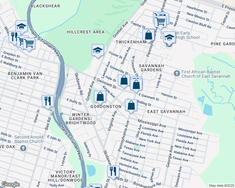 map of restaurants, bars, coffee shops, grocery stores, and more near 1829 East Gwinnett Street in Savannah