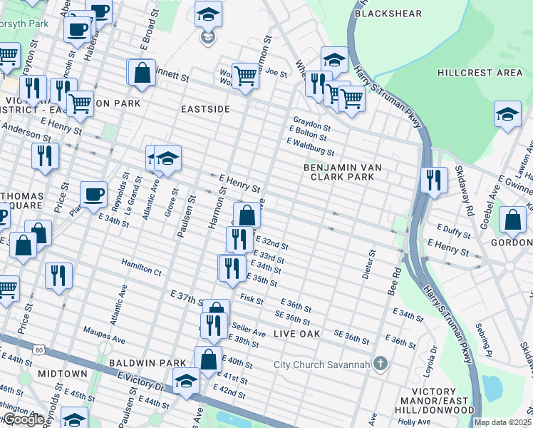 map of restaurants, bars, coffee shops, grocery stores, and more near 1108 East Anderson Street in Savannah