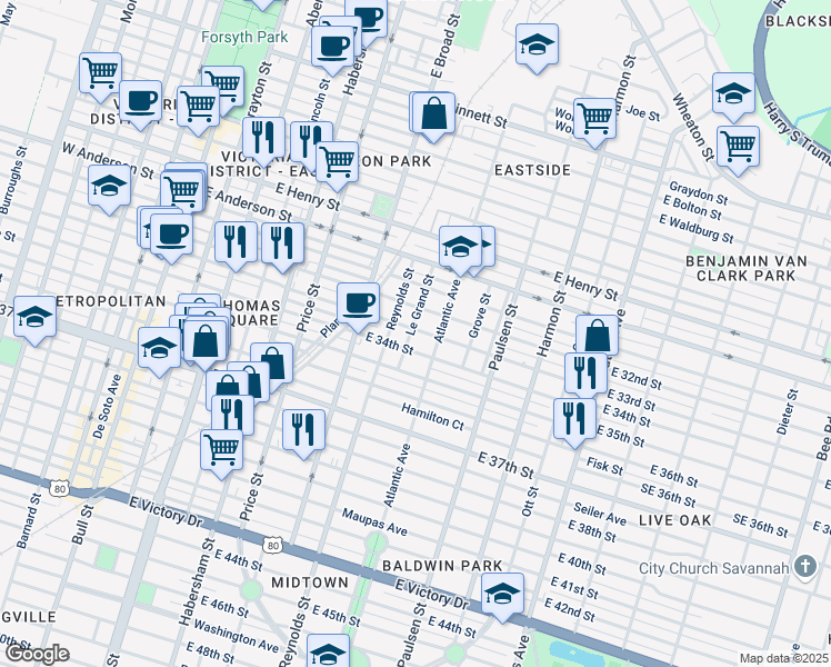 map of restaurants, bars, coffee shops, grocery stores, and more near 1619 Le Grand Street in Savannah