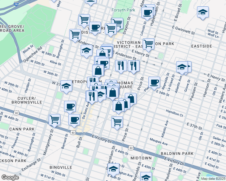 map of restaurants, bars, coffee shops, grocery stores, and more near 1903 Abercorn Street in Savannah
