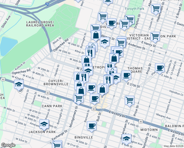 map of restaurants, bars, coffee shops, grocery stores, and more near 303 Georgia 204 in Savannah