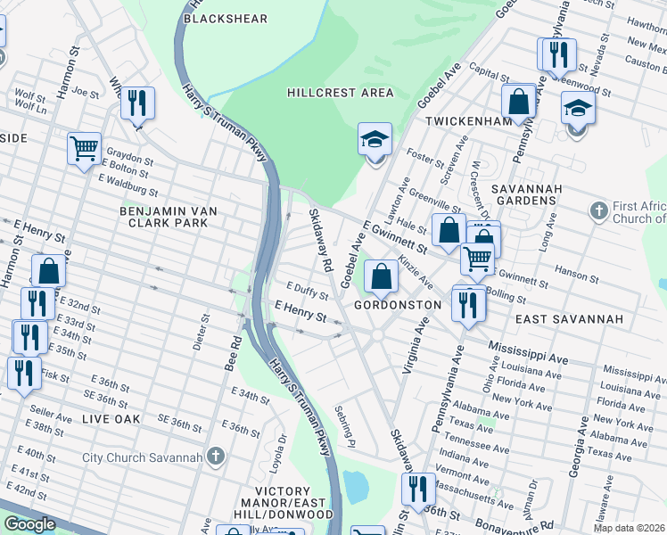 map of restaurants, bars, coffee shops, grocery stores, and more near 1700 Skidaway Road in Savannah