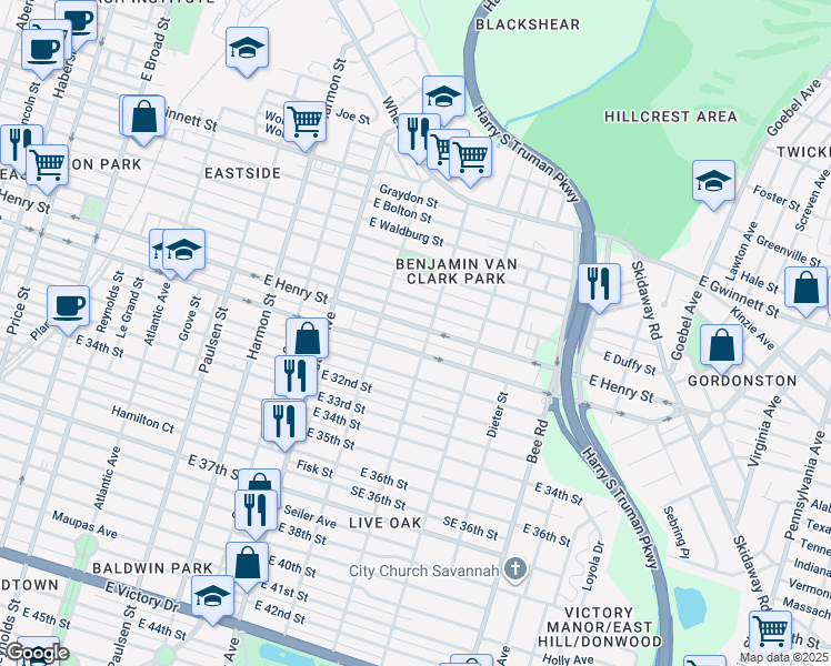 map of restaurants, bars, coffee shops, grocery stores, and more near 1235 East Henry Street in Savannah