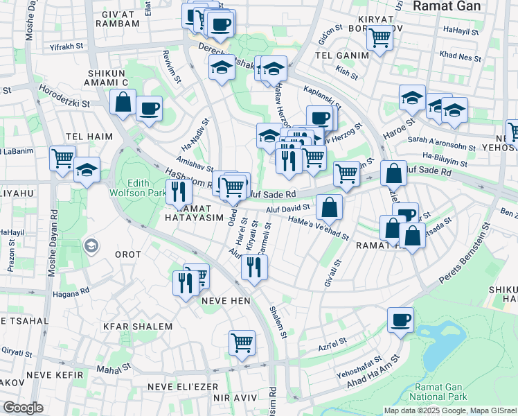 map of restaurants, bars, coffee shops, grocery stores, and more near 11 Aluf David Street in Ramat Gan
