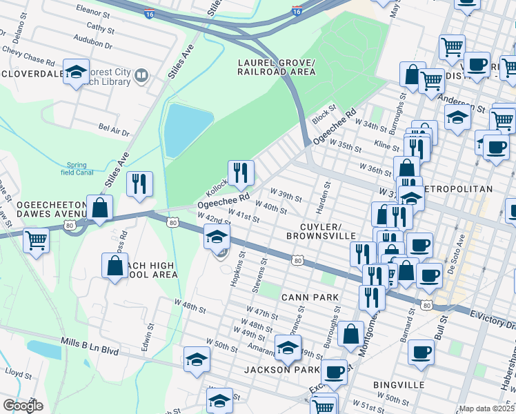 map of restaurants, bars, coffee shops, grocery stores, and more near 1025 West 40th Street in Savannah