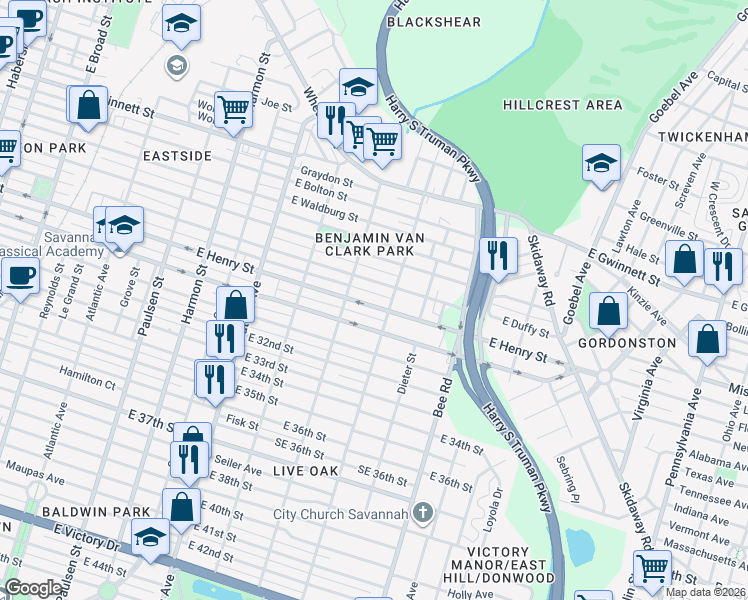 map of restaurants, bars, coffee shops, grocery stores, and more near 1332 East Henry Street in Savannah