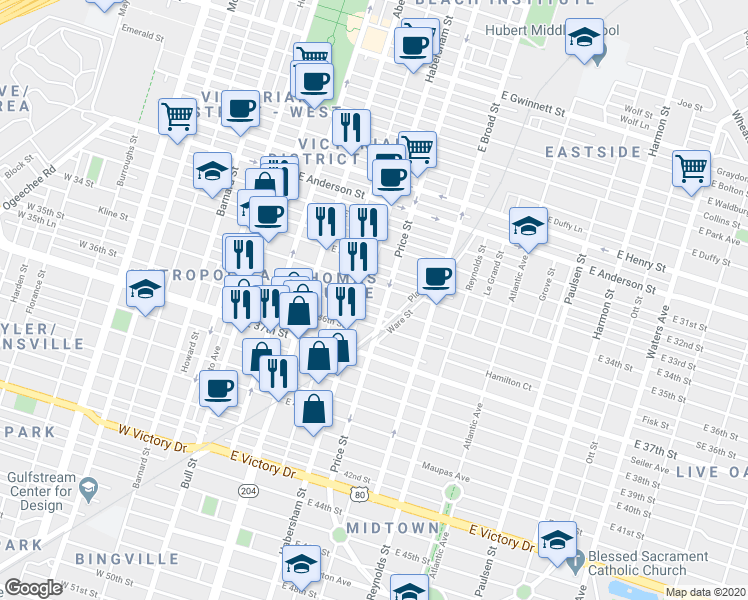 map of restaurants, bars, coffee shops, grocery stores, and more near 410 East 35th Street in Savannah