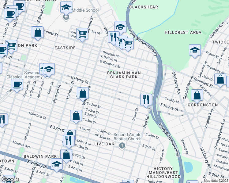 map of restaurants, bars, coffee shops, grocery stores, and more near 1235 East Henry Street in Savannah