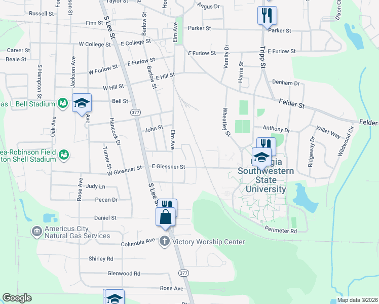 map of restaurants, bars, coffee shops, grocery stores, and more near 1034 Elm Avenue in Americus