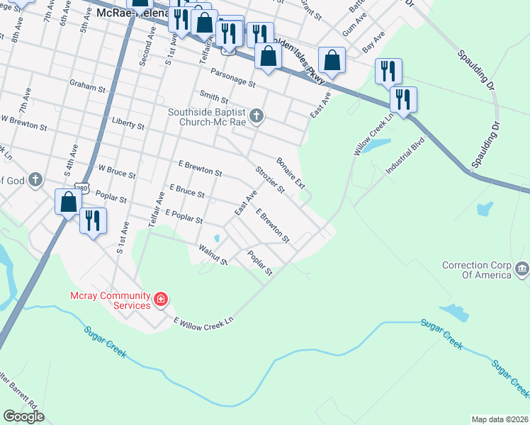 map of restaurants, bars, coffee shops, grocery stores, and more near 95 East Brewton Street in McRae-Helena