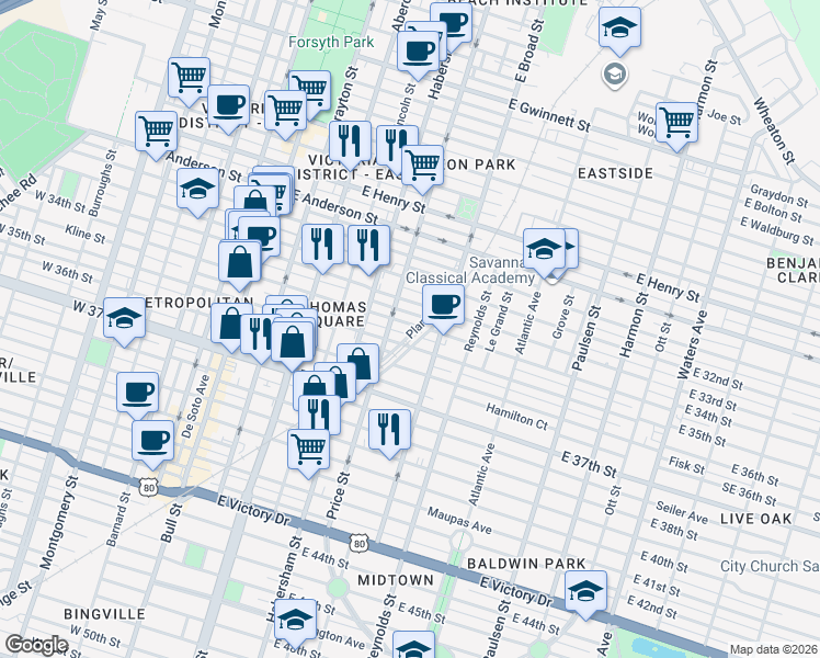 map of restaurants, bars, coffee shops, grocery stores, and more near 519 East 34th Street in Savannah