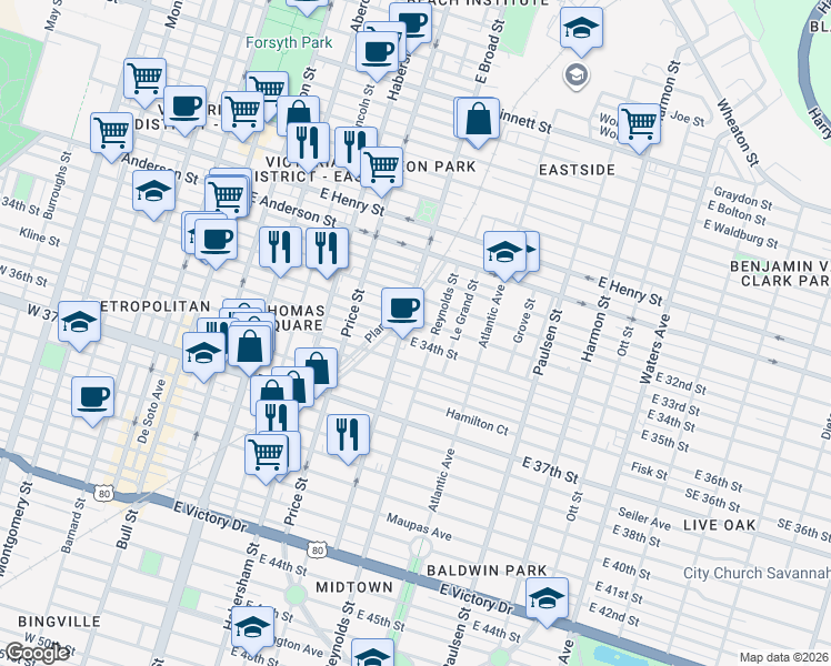 map of restaurants, bars, coffee shops, grocery stores, and more near 610 East 34th Street in Savannah