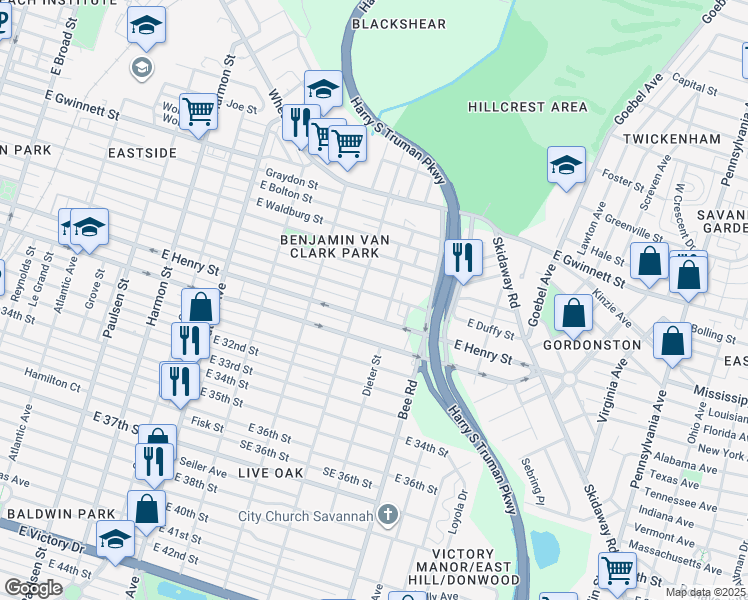map of restaurants, bars, coffee shops, grocery stores, and more near 1407 East Duffy Street in Savannah