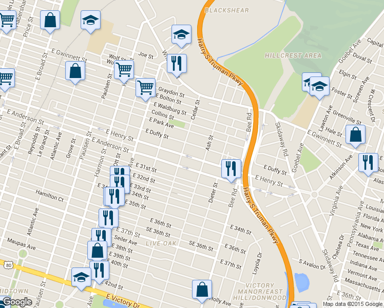 map of restaurants, bars, coffee shops, grocery stores, and more near 1332 East Henry Street in Savannah