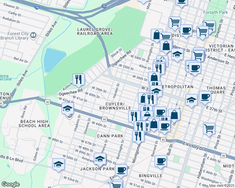 map of restaurants, bars, coffee shops, grocery stores, and more near 712 West 39th Street in Savannah