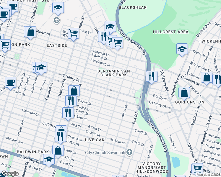 map of restaurants, bars, coffee shops, grocery stores, and more near 1312 East Henry Street in Savannah