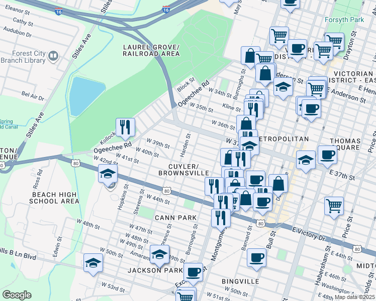 map of restaurants, bars, coffee shops, grocery stores, and more near 712 West 39th Street in Savannah